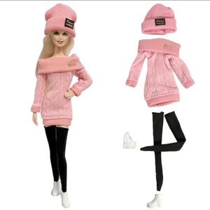 Barbie doll clothes - 4 piece set 
Leggings, Pink Sweater, Pink Beanie, Boots